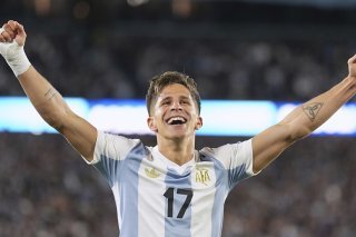 La joie de Giuliano Simeone, auteur d'un des quatre buts argentins face au Brésil KEYSTONE/AP/Natacha Pisarenko